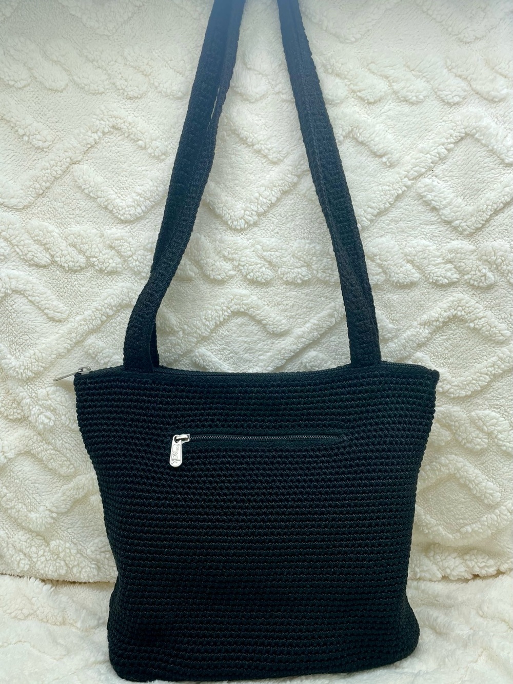The Sak Large Black Crochet Double Strap Shoulder Tote with Exterior Zip